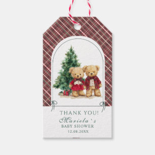  Watercolor preppy plaid teddy bear baby shower Gift Tags