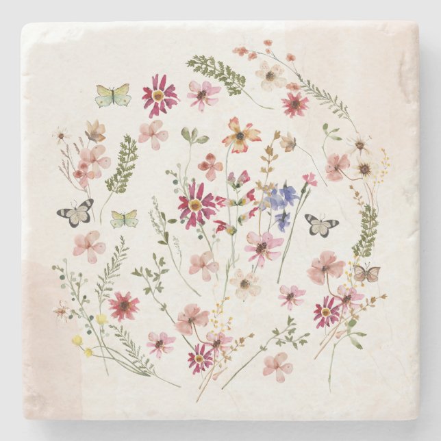 Watercolor pressed & dried Wildflowers Floral Stone Coaster (Front)