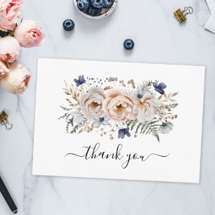 Watercolor Pretty Beige Blue Flowers Floral Thank You Card