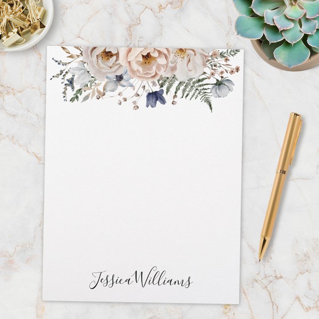Watercolor Pretty Beige Blue Personalized Floral Letterhead (In situ)