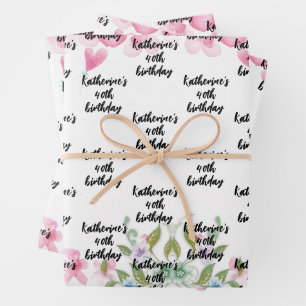 Watercolor, pretty birthday floral script name  wrapping paper sheet