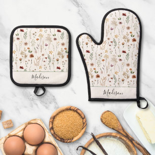 Watercolor Pretty Floral Wild flowers Pattern Oven Mitt & Pot Holder Set