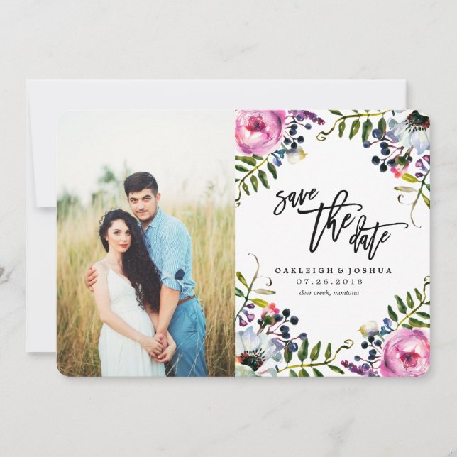 Watercolor Pretty Flowers Save the Date with Photo (Front)
