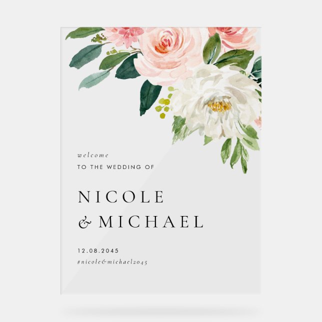 Watercolor Pretty Garden Flowers Wedding Welcome Acrylic Sign (Front)
