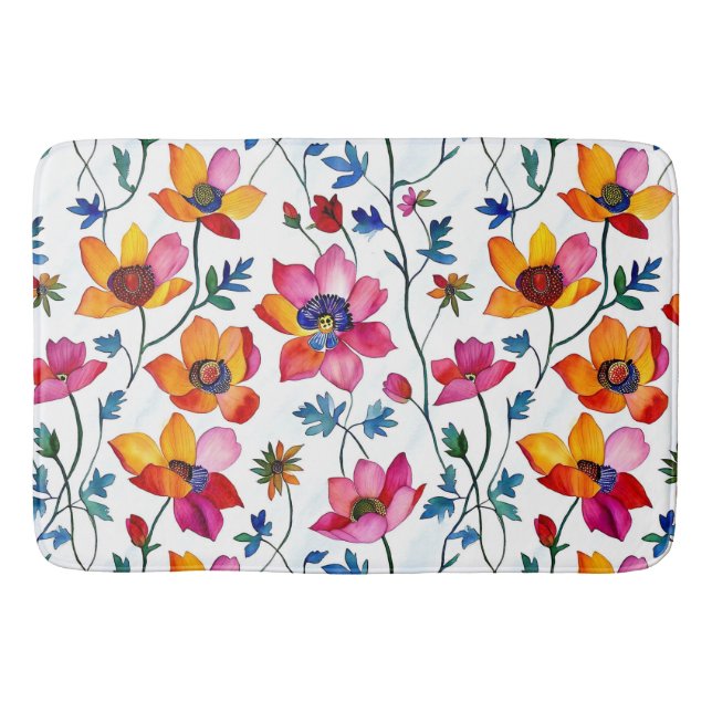 Watercolor Pretty Pink and Yellow Floral  Bath Mat (Front)