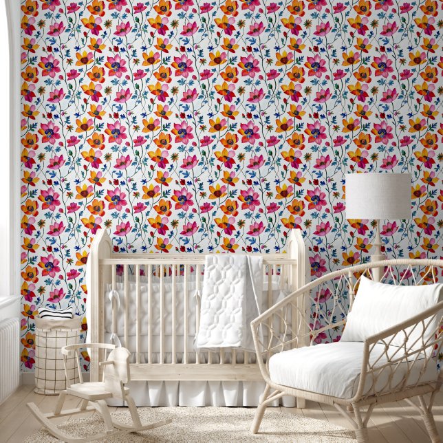 Watercolor Pretty Pink and Yellow Floral  Wallpaper (Kids)