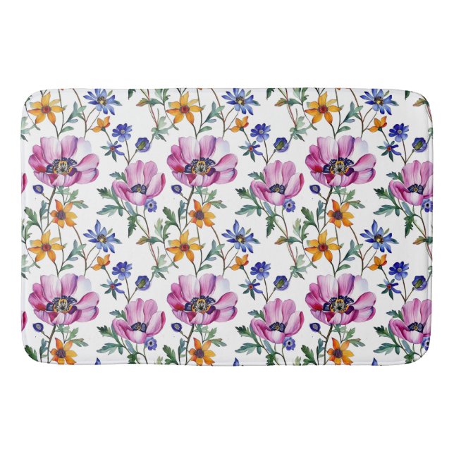 Watercolor Pretty Purple and Yellow Floral  Bath Mat (Front)