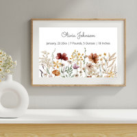 Watercolor Pretty Wildflower  Baby Birth Stats 