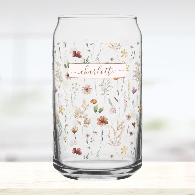 Watercolor Pretty Wildflower Pattern Personalized Can Glass (Creator Uploaded)
