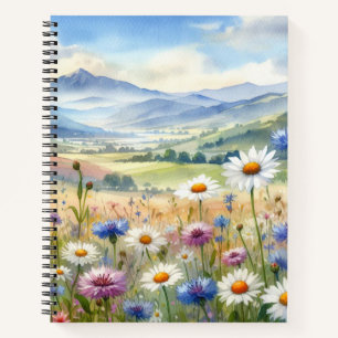 WATERCOLOR PRETTY WILDFLOWER SCENE WITH MOUNTAINS NOTEBOOK