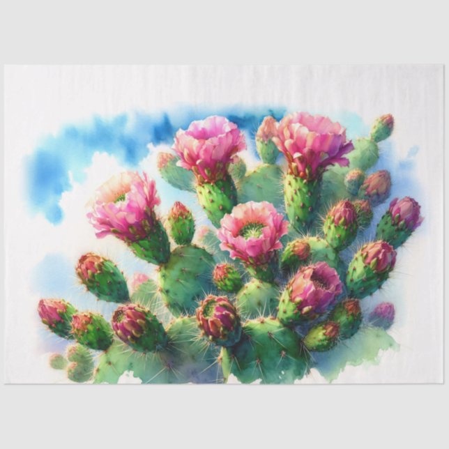 Watercolor Prickly Pear Cactus Flowers Decoupage Tissue Paper (Front)