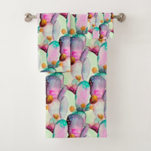 Watercolor Prickly Pear Cactus Flowers Pattern Bath Towel Set