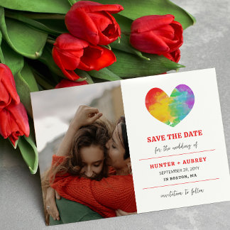 Watercolor Pride Heart Gay Lesbian Wedding Photo Save The Date