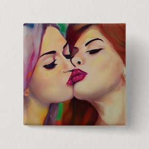 Watercolor Pride Two Women Share a Kiss 2 Inch Square Button