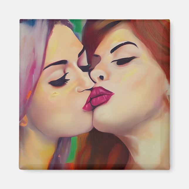  Watercolor Pride Two Women Share a Kiss Magnet (Front)