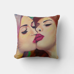  Watercolor Pride Two Women Share a Kiss Throw Pillow
