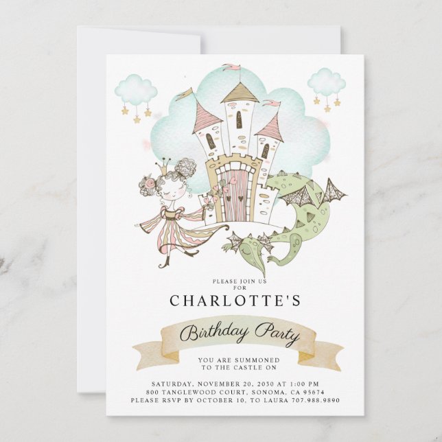 Watercolor Princess Birthday Party Invitation (Front)