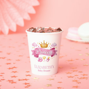 Watercolor Princess Pink Girl Baby Shower Paper Cups