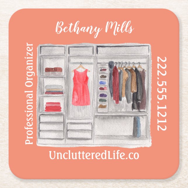 Watercolor Professional Organizer  Modern Square   Paper Coaster (Front)