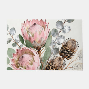 Watercolor Protea Eucalyptus Arrangement Doormat