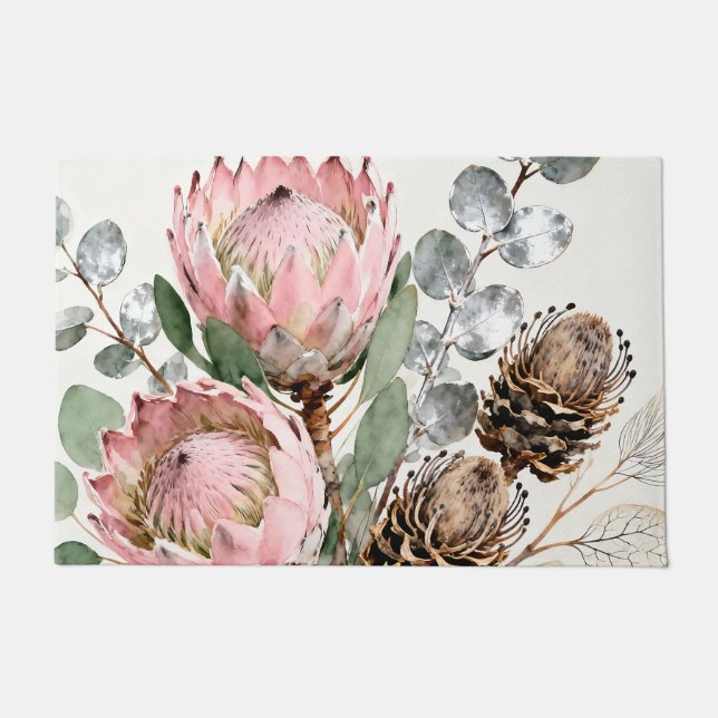 Watercolor Protea Eucalyptus Arrangement Doormat (Front)