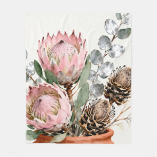 Watercolor Protea Eucalyptus Arrangement Fleece Blanket