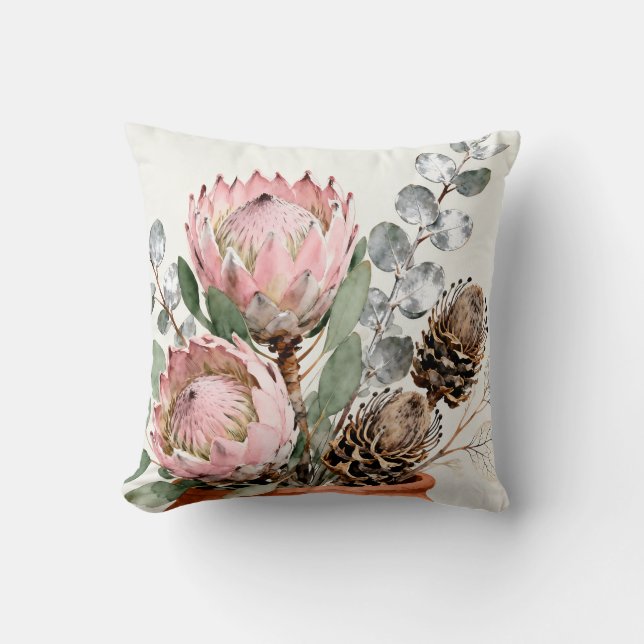 Watercolor Protea Eucalyptus Arrangement Throw Pillow (Front)