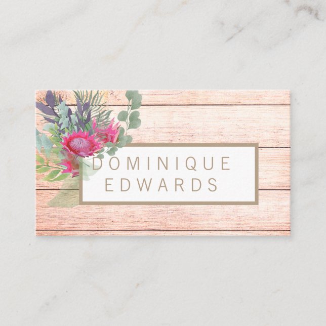 Watercolor Protea Floral Rustic Business Card (Front)