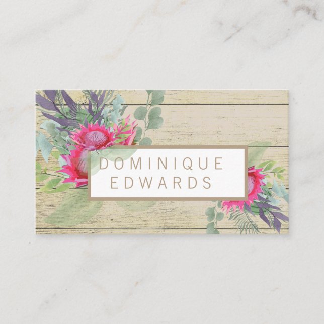 Watercolor Protea Flower  Floral Rustic Business Card (Front)