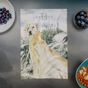 Watercolor Proud Golden Retriever Dog Monogram Kitchen Towel