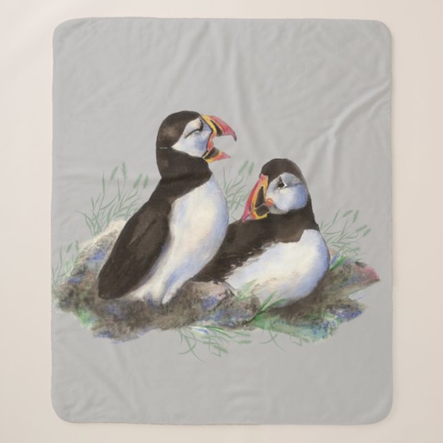 Watercolor Puffin Bird Wildlife Nature Graphic Art Sherpa Blanket (Front)