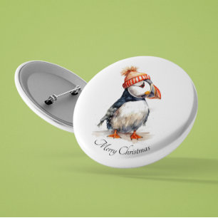 Watercolor Puffin Christmas Winter Accessory 1 Inch Round Button