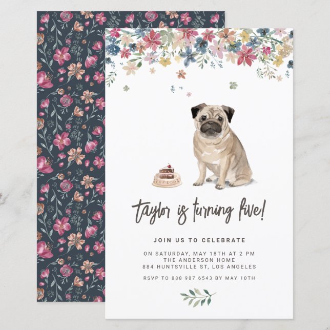 Watercolor Pug Dog Birthday Party Invitation (Front/Back)