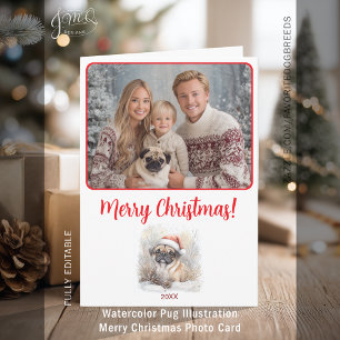 Watercolor Pug Illustration Merry Christmas Photo Card
