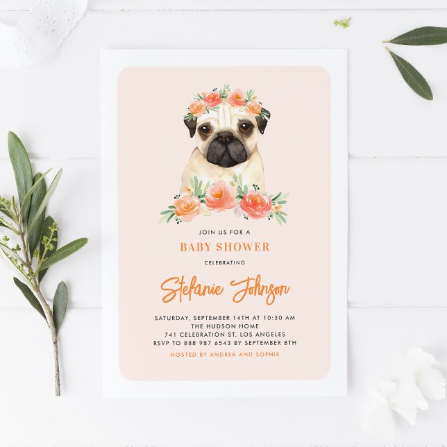 Watercolor Pug Peach Floral Baby Shower Invitation (Creator Uploaded)