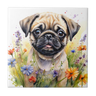 Watercolor Pug Puppy in Wildflowers Delight Tile