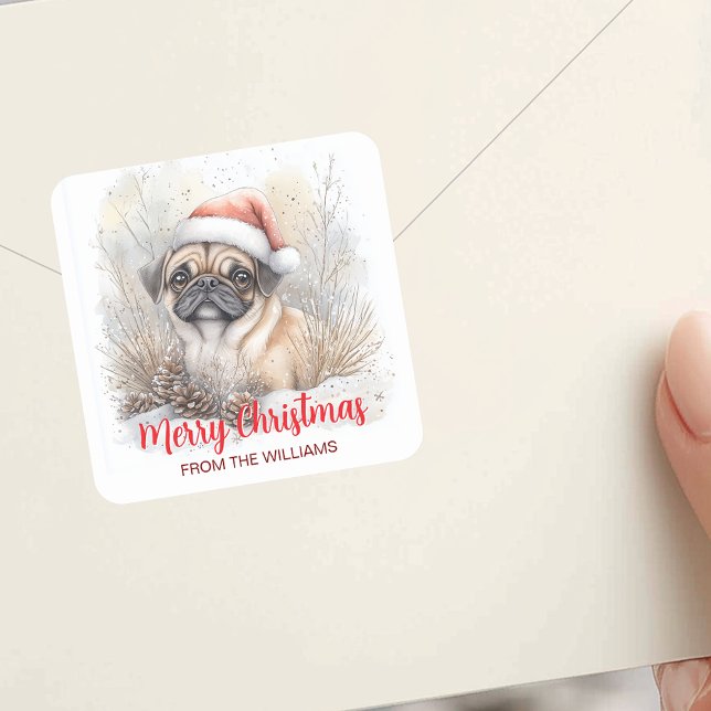 Watercolor Pug Santa Hat Merry Christmas Holiday Square Sticker (Watercolor Pug Santa Hat Merry Christmas Holiday Square Sticker)