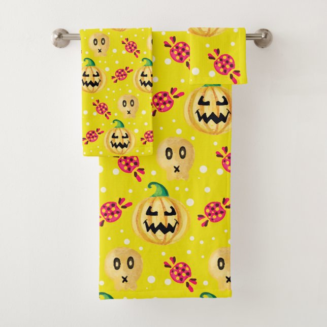 Watercolor Pumpkin and Candy Halloween Pattern Bath Towel Set (Insitu)