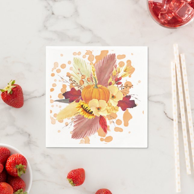 Watercolor Pumpkin and Floral Thanksgiving Napkin (Insitu)