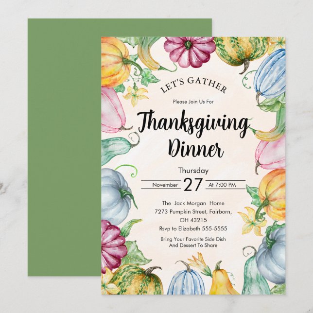 Watercolor Pumpkin and leaves Thanksgiving Dinner  Invitation (Front/Back)