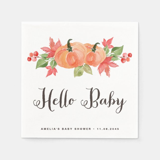 Watercolor Pumpkin and Maple Leaves Baby Shower Napkin (Front)