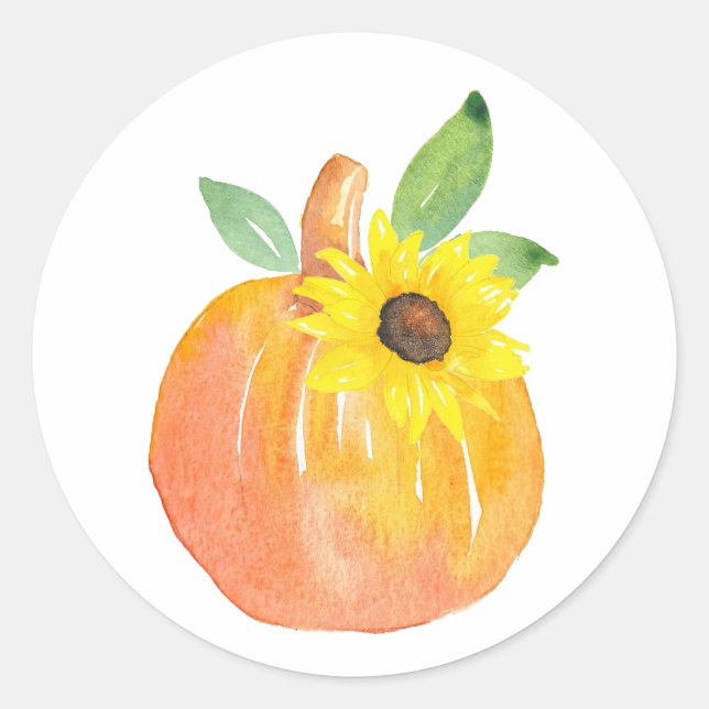 Watercolor Pumpkin and Sunflower Classic Round Sticker (Front)