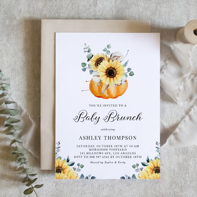 Watercolor Pumpkin and Sunflowers Fall Baby Brunch Invitation (Customizable fall baby brunch invitation featuring watercolor pumpkin, sunflowers and greenery.)
