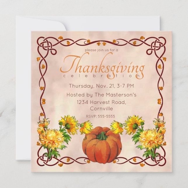 Watercolor Pumpkin and Yellow Mums Thanksgiving Invitation (Front)