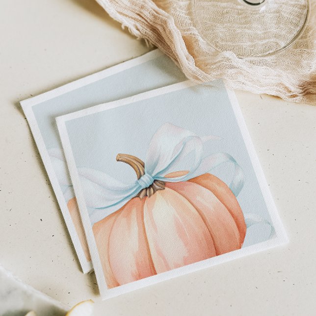 Watercolor Pumpkin Blue Bow Baby Shower Napkin (Creator Uploaded)