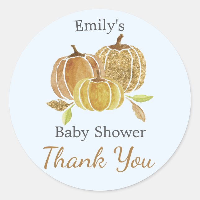 Watercolor Pumpkin Blue Fall Baby Shower Classic Round Sticker (Front)