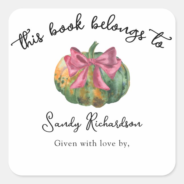 Watercolor pumpkin bow Baby Shower bookplate Square Sticker (Front)