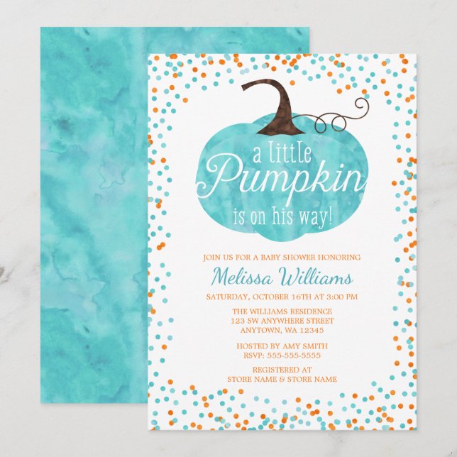 Watercolor Pumpkin Confetti Fall Boy Baby Shower Invitation (Front/Back)