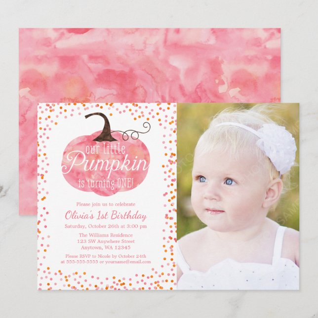 Watercolor Pumpkin Confetti Girl First Birthday Invitation (Front/Back)