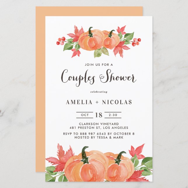 Watercolor Pumpkin Couples Shower Invitatation (Front/Back)